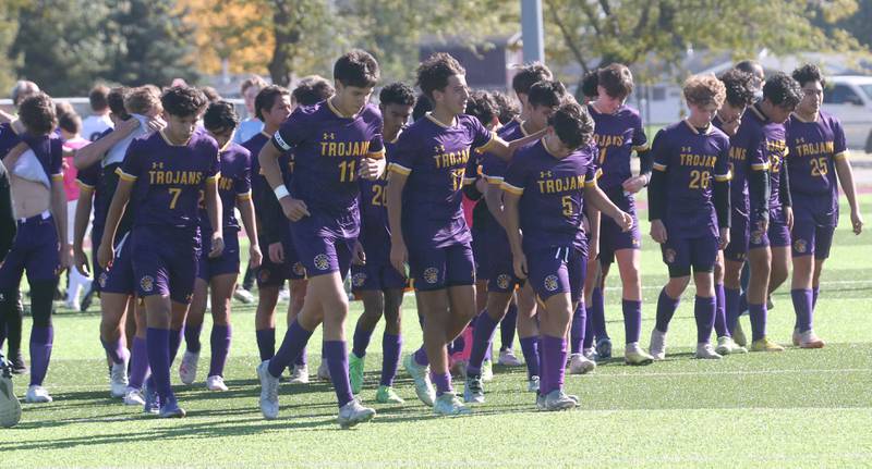 Members of the Mendota soccer team walk off the field after loosing to Quincy Notre Dame in the Class 1A Sectional semifinal on Saturday, Oct. 21, 2023 at Illinois Valley Central High School in Chillicothe.