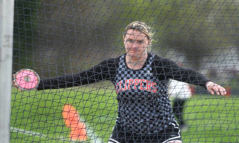 Amboy's Emily Sachs concentrates on a throw during the discus competition at the Landers-Loomis Invitational track meet on Friday, April 25, 2025 held at Oregon High School. She finished second in the event.