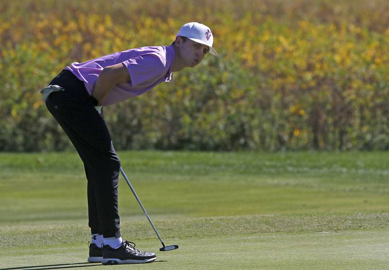 Hampshire’s Nolan Adamczyk reacts to his putt on the sixth green during the IHSA Class 3A Dundee-Crown Regional golf tournament on Wednesday, Oct. 2, 2024 at Randall Oaks Golf Club in West Dundee.