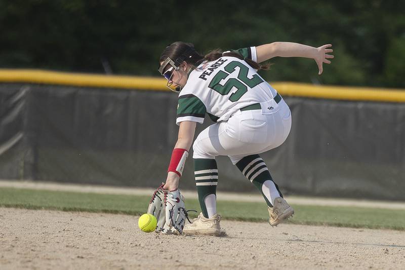 North Boone’s Audrey Pearce fields a grounder against Rock Falls Friday, May 19, 2023.