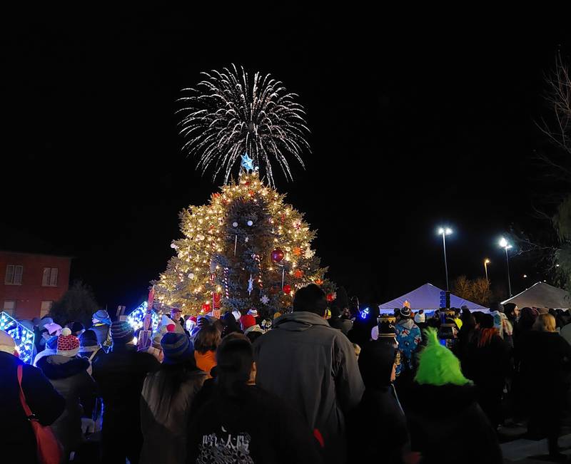 Spectators watch the fireworks explode over the city Christmas tree at the Jordan block on Friday, Nov. 24, 2023, during the Festival of Lights in Ottawa.
