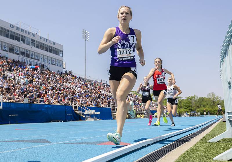 Dixon’s Hannah Steinmeyer makes her way in the 2A 800 run Saturday, May 20, 2023 during the IHSA state track and field finals at Eastern Illinois University in Charleston.