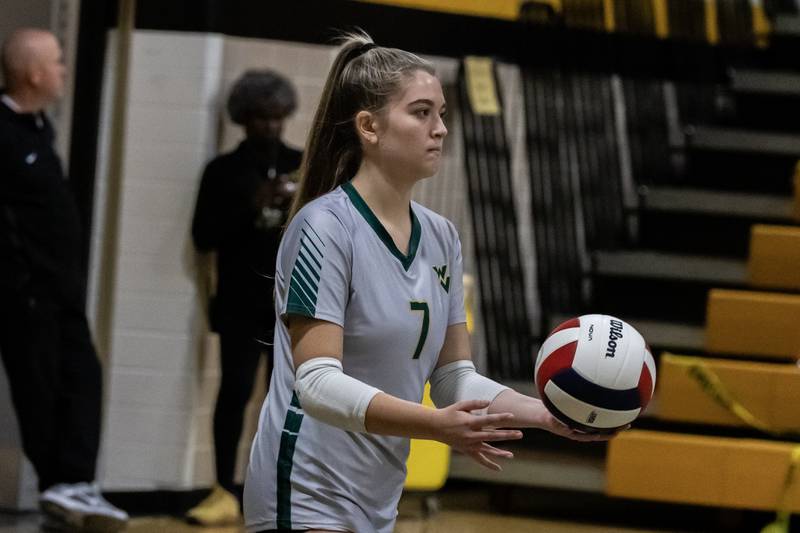 Waubonsie Valley's Ava Morton serves during a 4A girls varsity volleyball sectional against Lockport at Joliet West on Nov. 4, 2025.