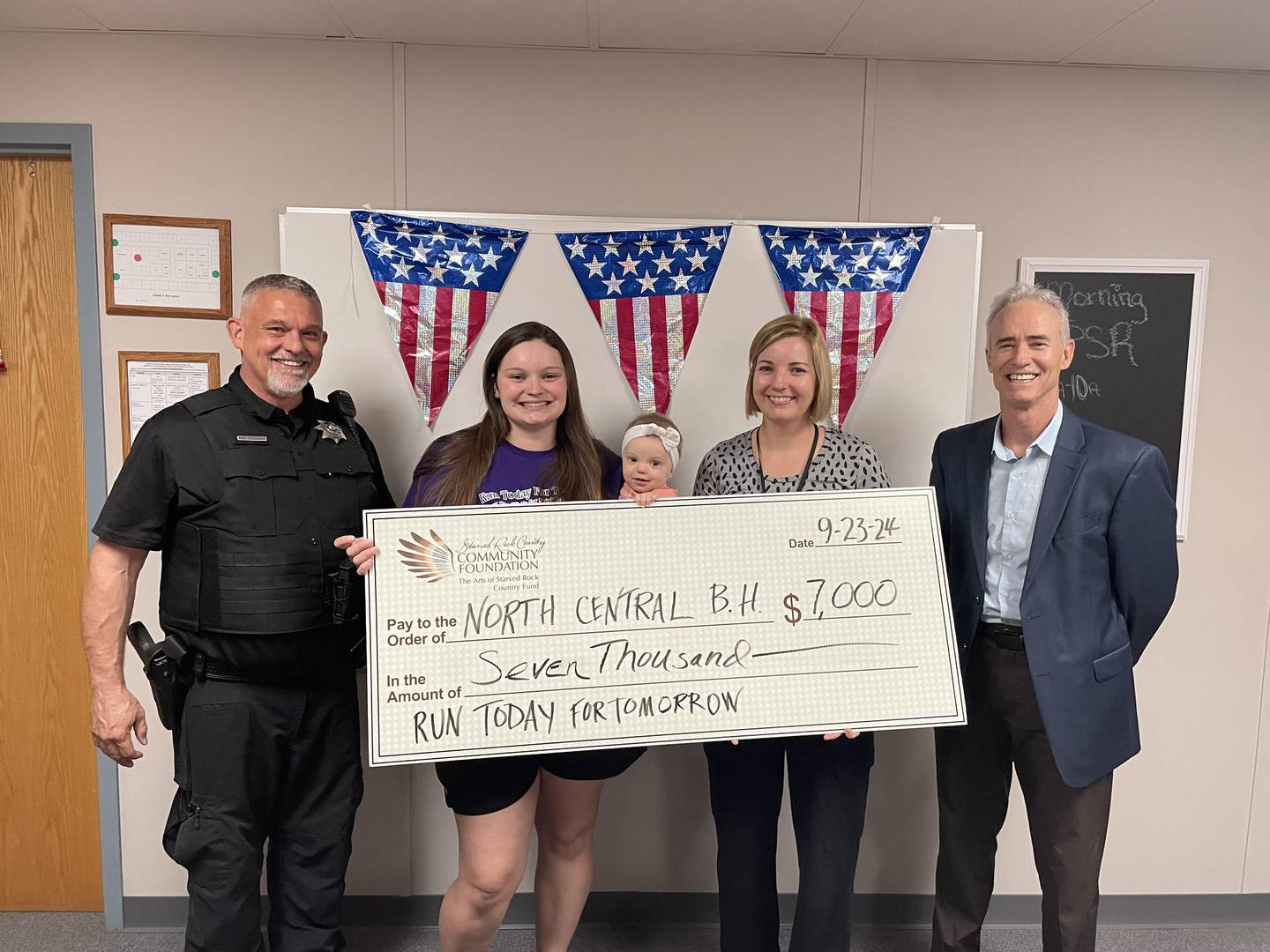Run Today for Tomorrow, a 5K run/walk in Ottawa to fight suicide, recently made a $7,000 donation to North Central Behavioral Health Systems (NCBHS). Eric Yacko (left) Emily Hardee and daughter Peyton of “Run Today” are pictured with Melissa Shanley, clinical supervisor Ottawa/Streator for NCBHS, and Fran Brolley, Starved Rock Country Community Foundation president.