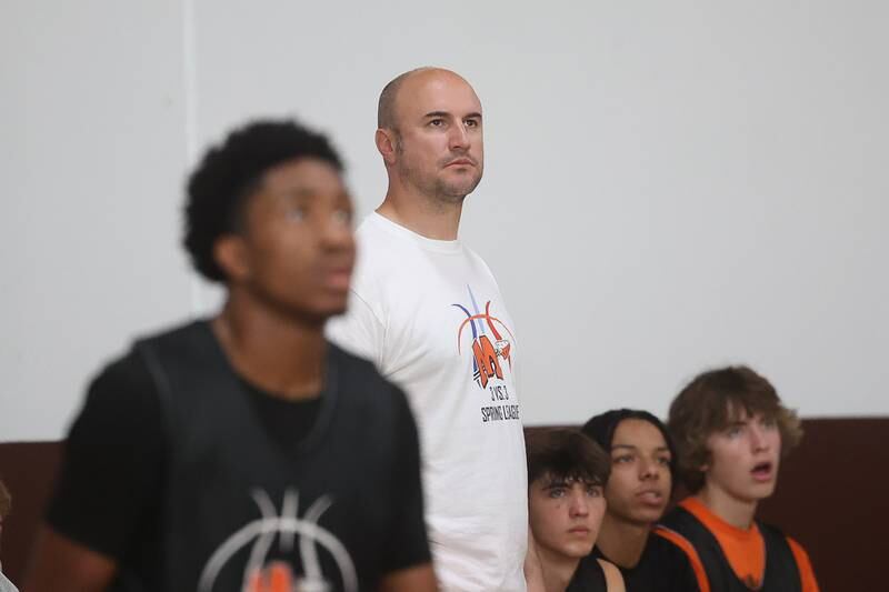 Minooka head coach Brett Hespell watches the game against Marmion at the 37th Morris Boys Shootout on Tuesday, June 25, 2024.