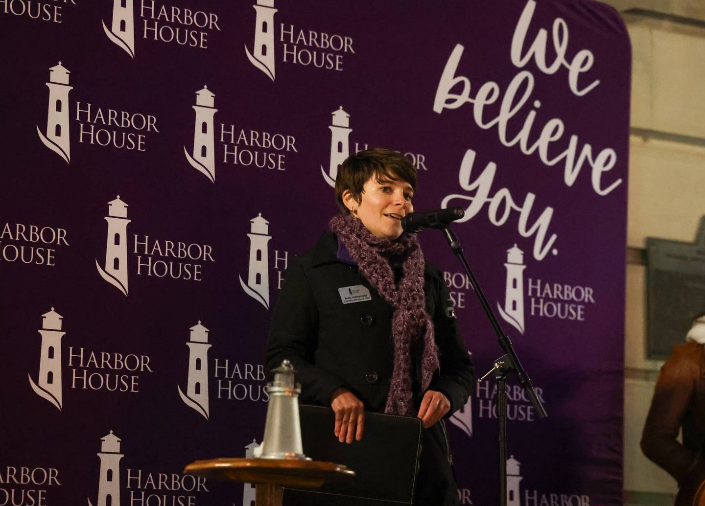 Jenny Schoenwetter, Executive Director and CEO of Harbor House in Kankakee County, speaks during the 7th annual Harbor House Candlelight Vigil on Thursday, Oct. 23, 2025, at the Kankakee County Courthouse.