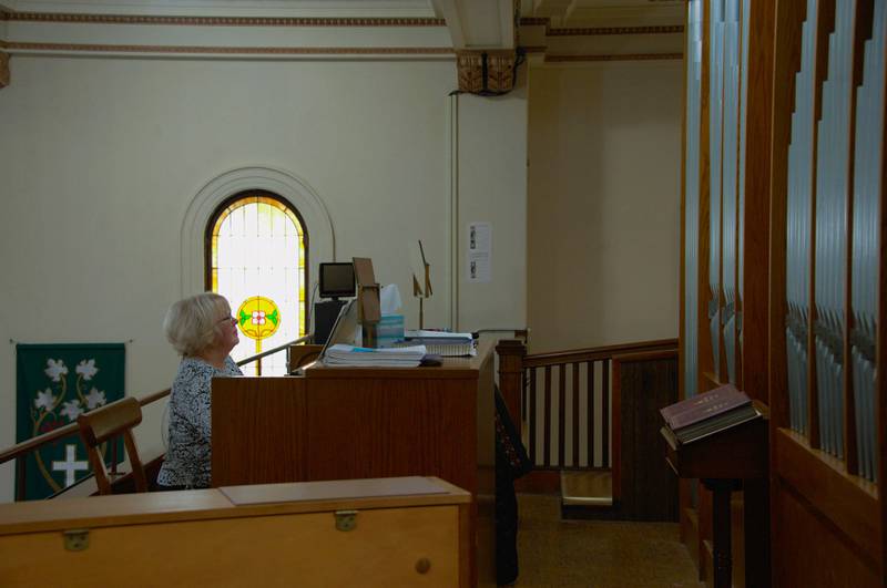 Nancy Mueller, organist, performs a set on the Park Church 1979 Casavant organ on April 5, 2025, in Streator.