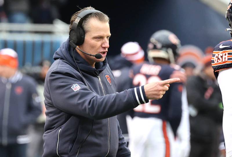 Chicago Bears Head Coach Matt Eberflus congratulates his team after a touchdown during their game against the Detroit Lions Sunday, Dec. 10, 2023 at Soldier Field in Chicago.