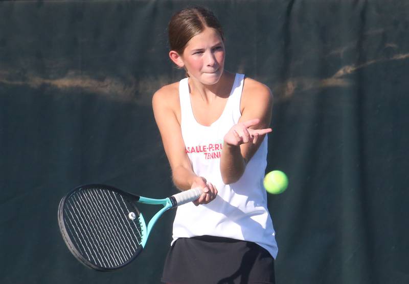 L-P's Adelyn Leone plays tennis on Tuesday, Sept. 16, 2025 at Ottawa High School.
