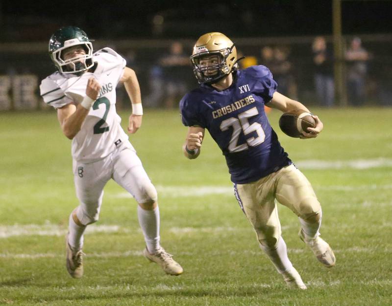 St. Bede quarterback Gino Ferrari fumbles the ball as Marquette's Blayden Cassel gets ready to tackle him on Friday, Sept. 26, 2025 at Gould Stadium in Ottawa.
