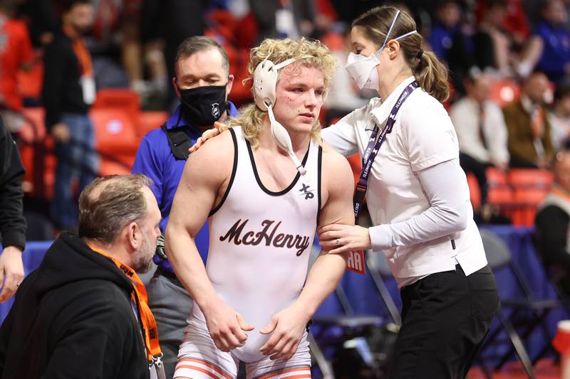 McHenry’s Brody Hallin had to forfeit due to an injury against Libertyville’s Austin Gomez in the Class 3A 170lb. 3rd place match at State Farm Center in Champaign. Saturday, Feb. 19, 2022, in Champaign.