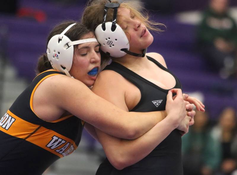 Hampshire’s Samantha Diehl, right, battles McHenry’s Brooklyn Anderson  at 170 pounds in Whip-Pur Women’s Classic varsity girls wrestling on Saturday, Dec. 20, 2025, at Hampshire High School in Hampshire.