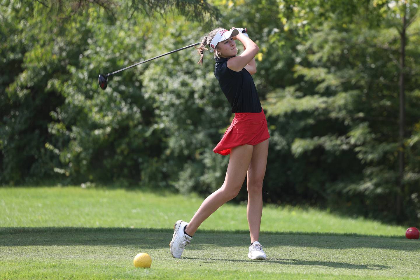 Lincoln-Way Central’s Sarah Arsich drives off the 16th hole at the Green Garden Country Club in Frankfort on Wednesday, Sept. 20.