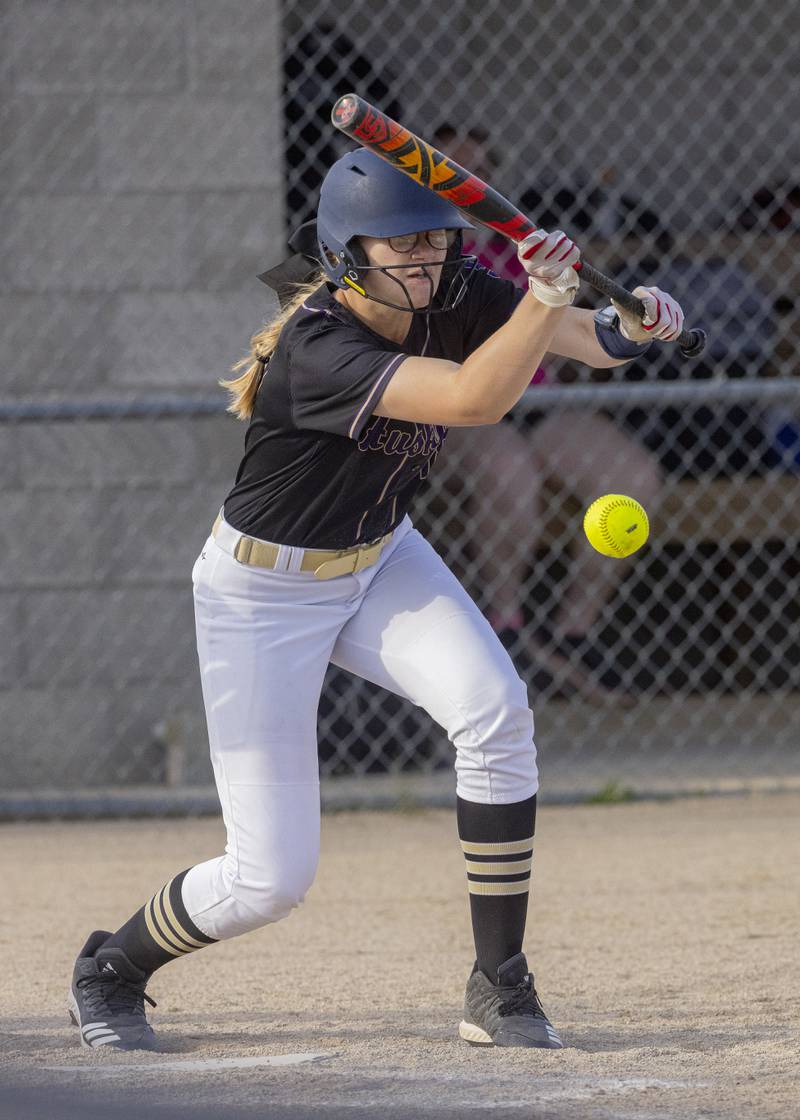 Serena's Cassie Walsh sacrifice bunts the runner from second to third base against Dwight High School during the Class 1A Sectional semifinal game at Woodland High School on May 21, 2024.