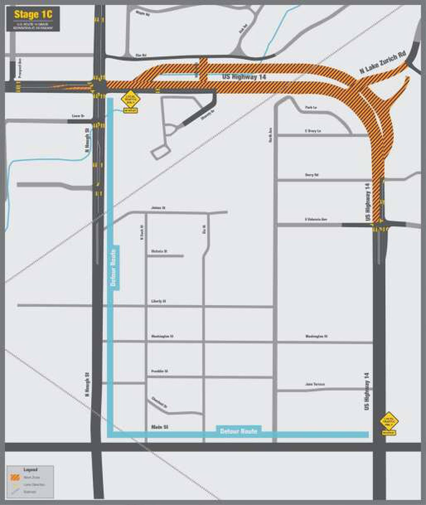 The detour route is shown in blue for the closure of Route 14 through Barrington, which began Sept. 15, 2025, and is expected to take four weeks. The street closing is for work related to the construction of an underpass to separate train and car traffic.