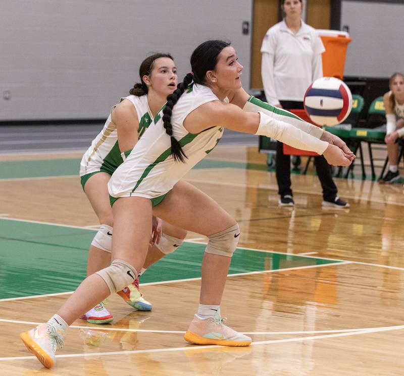 Lexie Buis returns a serve from the Manteno Panthers during Class 2A Regional final on Thursday, Oct. 30, 2025 at Seneca High School.