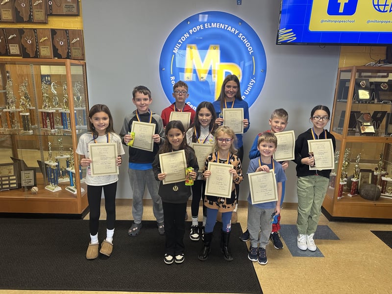 Front row: Nevaeh P. - Fourth Grade, Brynn L. - Second Grade, Finley B. - First Grade, Jackson S. - Kindergarten
Second Row:  Olivia C. - Fifth Grade, Jared A. - Third Grade, Shielisse B. - Seventh Grade
Third row: Mason P. - Fourth Grade, Will R. - Sixth Grade, Madi P. - Eighth Grade