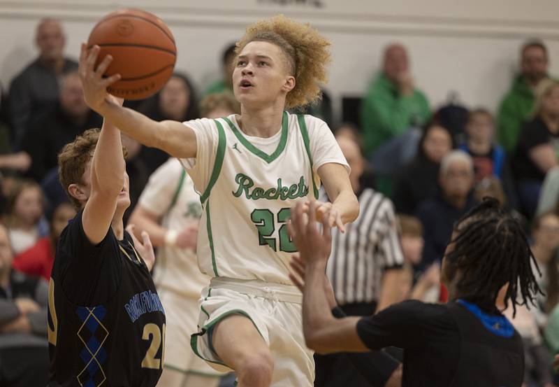 Rock Falls’ Nehemiah Menendez puts a shot up in the lane against Rockford Christian Tuesday, Jan. 30, 2024 at Rock Falls High School.