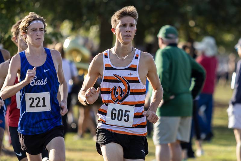 Lincoln-Way West’s Nicholas Dul runs in Locktoberfest varsity cross country three-mile race at Dellwood Park in Lockport on October. 4, 2025.