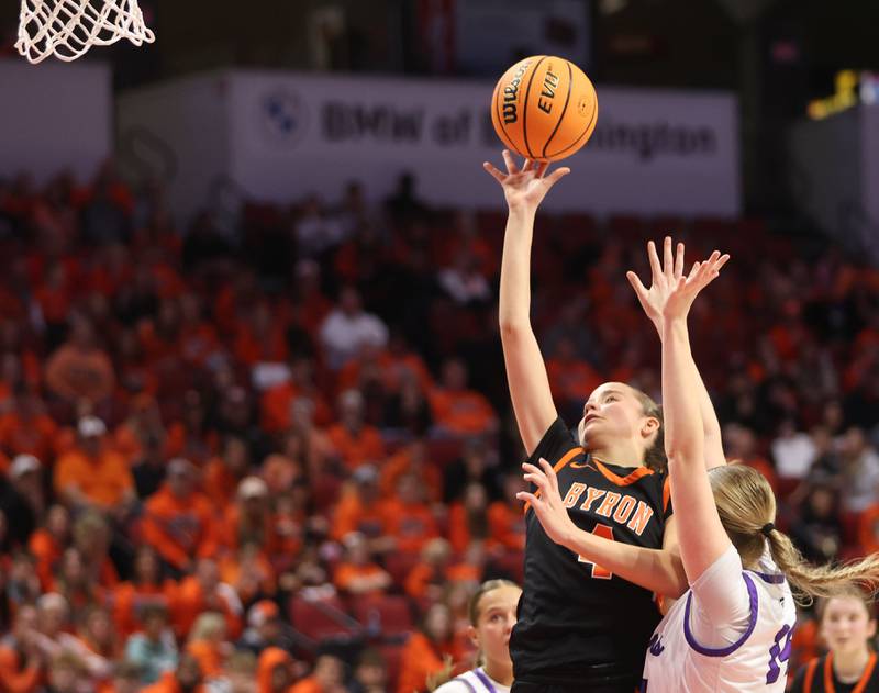 Byron's Macy Groharing lets go of a jump shot in the lane against Breese Central during the Class 2A title game on Saturday, March 7, 2026 at CEFCU Arena in Normal.