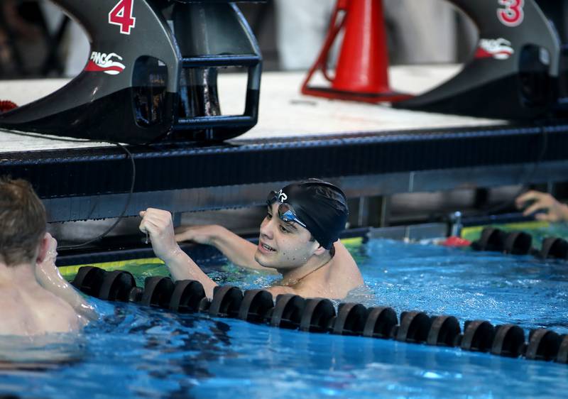 Hinsdale Central’s Joshua Bey after winning the 200-meter individual medley championship heat during the IHSA Boys State Championships on Saturday, March 1, 2025 at the FMC Natatorium in Westmont.