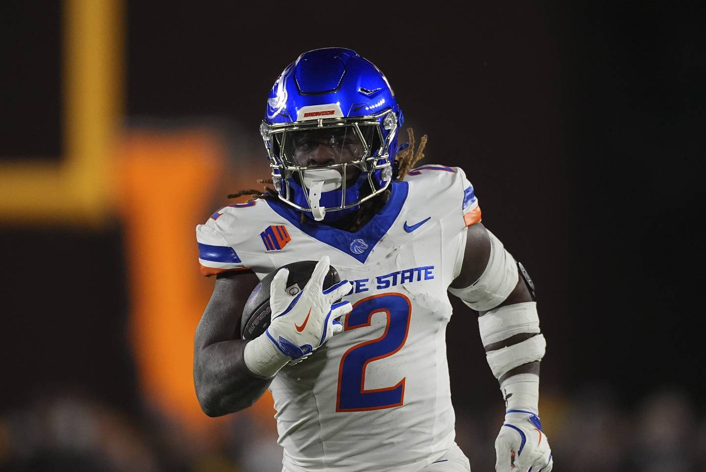 Boise State running back Ashton Jeanty (2) in the first half of an NCAA college football game Saturday, Nov. 23, 2024, in Laramie, Wyo. (AP Photo/David Zalubowski)