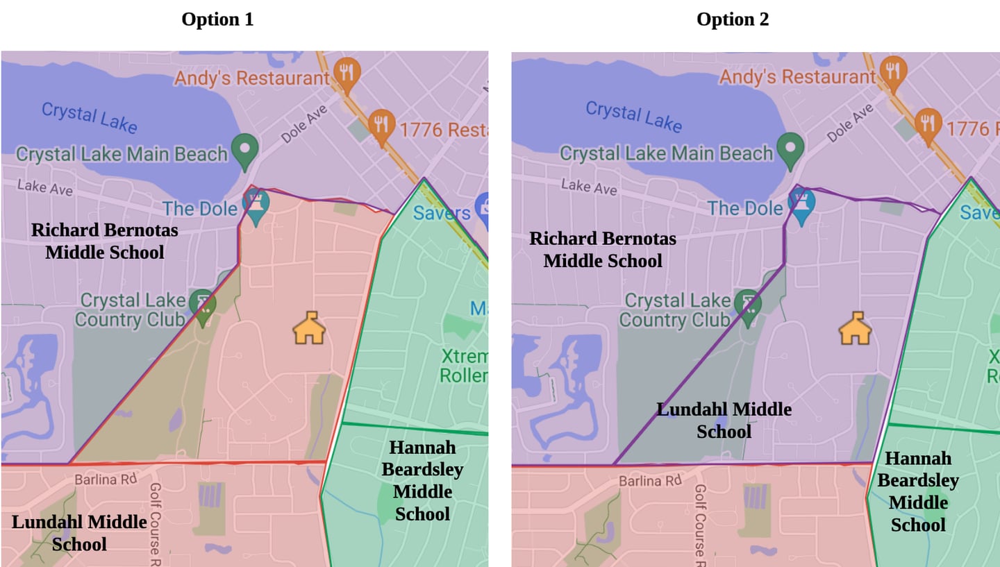 The Crystal Lake School District 47 school board is considering changes to its middle school boundaries. In Option 1, the neighborhood immediately surrounding Lundahl Middle School would to Lundahl. In Option 2, they would instead go to Richard Bernotas Middle School, to better align students with their eventual high school.