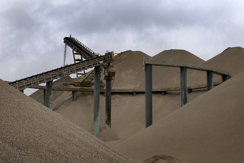 Sand and gravel at the Super Aggregates Marengo Lakes mine during the McHenry County Sand and Gravel Mining Tour on Thursday, Oct. 12, 2023. The tour brought McHenry County board members, township and village officials on a four hour trip to visit operating mines on Route 23 in Marengo and to former sites now reclaimed for housing, recreation in Algonquin and Cary.