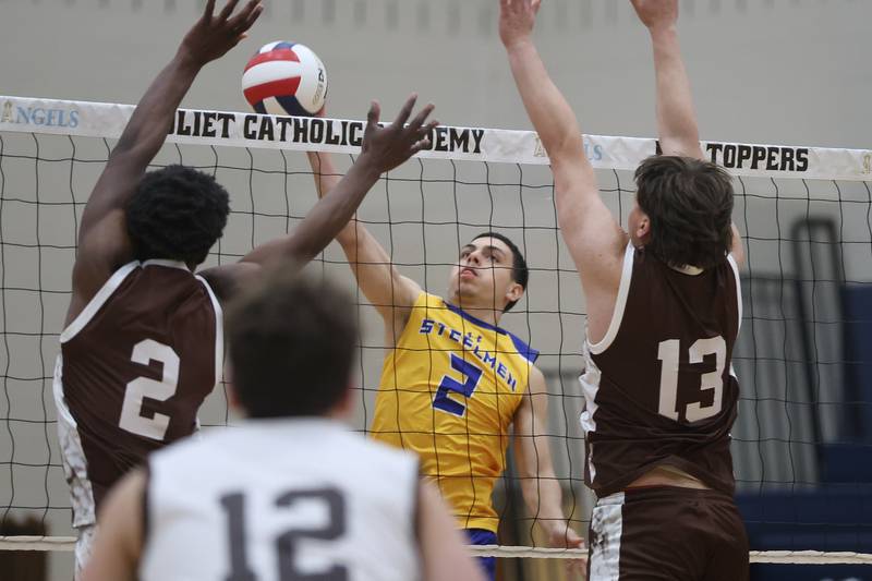 Joliet Central’s Ian Guzman goes up for the shot against Joliet Catholic on Wednesday, April 1, 2026 in Joliet.