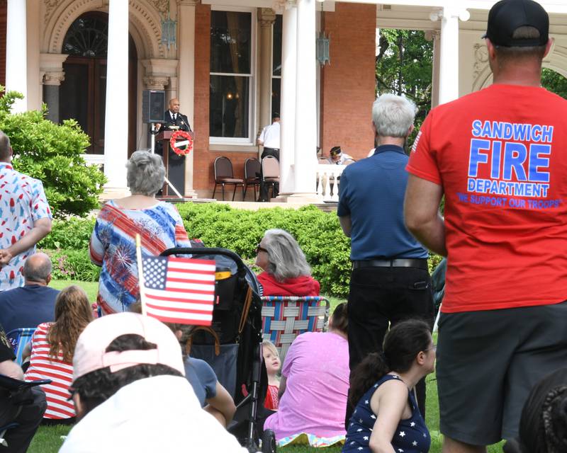 Police Chief David Byrd speaks to the community who attended the Memorial Day ceremony held on the Ellwood House lawn in DeKalb on Monday May 30th.