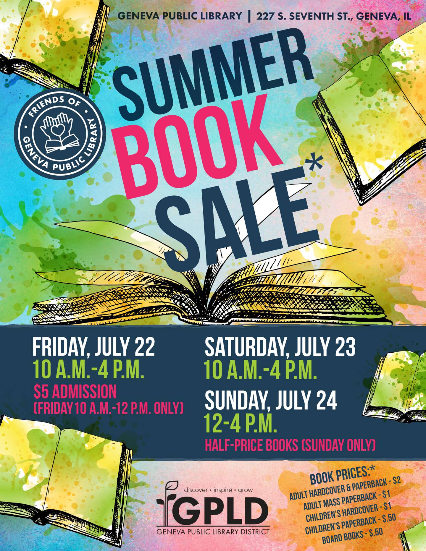 Thousands of gently-used books will be available for purchase at the Friends of Geneva Public Library’s used book sale from Friday, July 22, 2022 to Sunday, July 24, 2022.