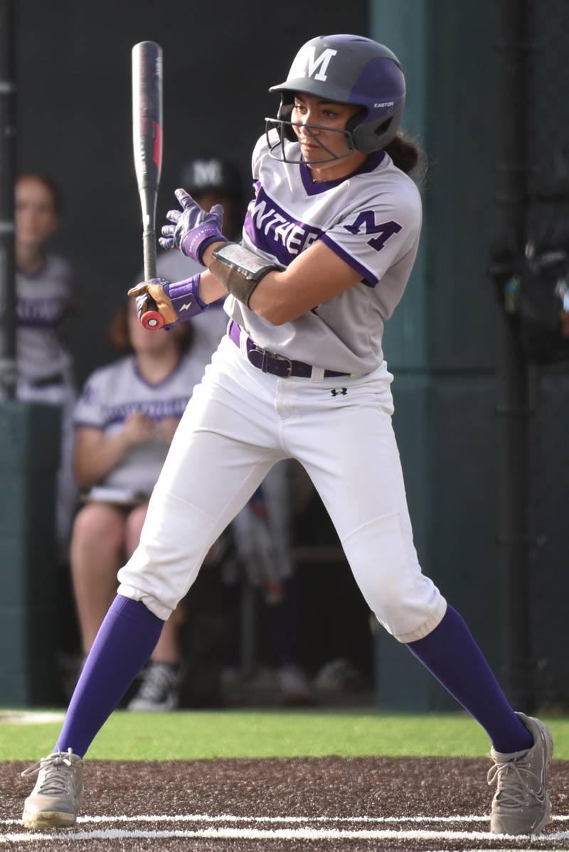 Manteno's Jaz Manau follows through on a swing that yielded one of her three hits at Coal City Monday, May 12, 2025.