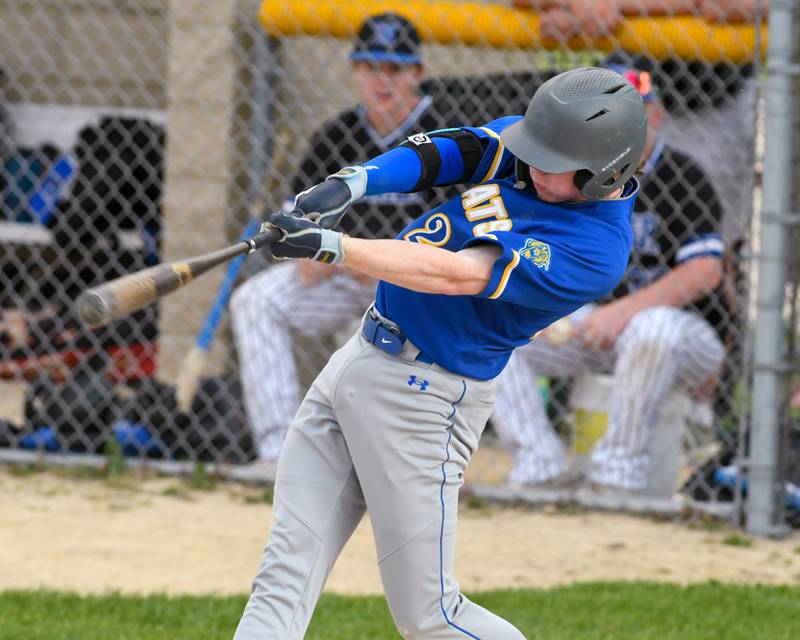 Somonauk's Noah Brandt (24) hit s a double during the game on Tuesday May 13, 2025, during the game on while taking on Newark High School.