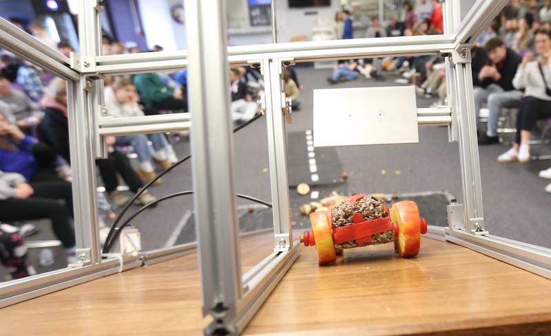 A edible car races down the ramp during the 29th annual Edible Car Contest on Wednesday, Feb. 26, 2025 in the cafeteria at Illinois Valley Community College.