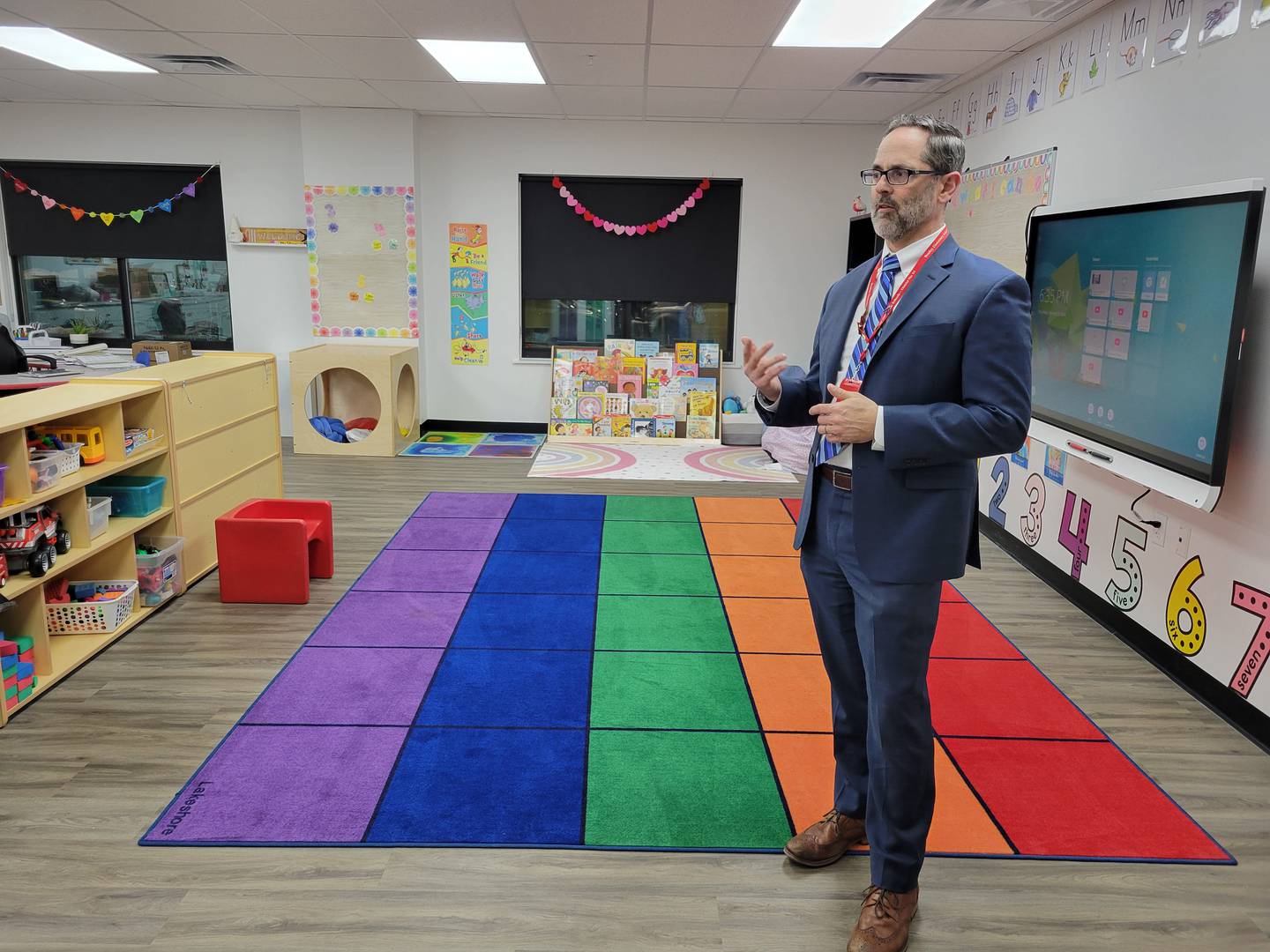 Superintendent Chris Hammond gives a tour of a classroom on Feb. 13, 2025, in the new addition at Bradley East Elementary School.