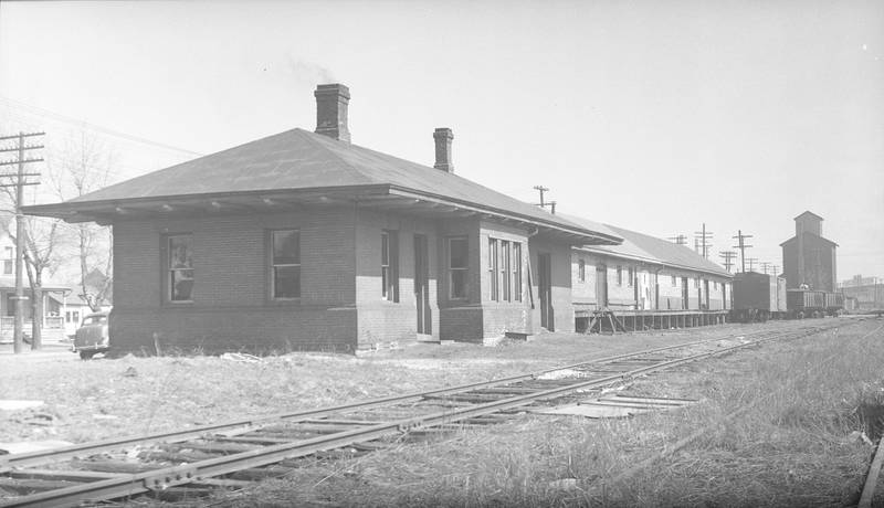 The Chicago Great Western Depot in DeKalb near Oak and Fifth streets looking northeast in March 1939.