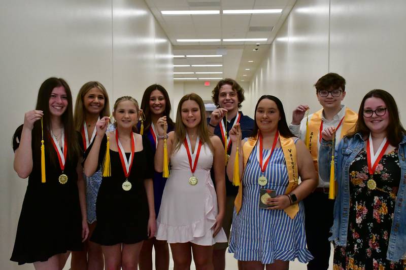A number of Hall High School students were recognized at a recent awards ceremony. (Lef to right, front) Maggie Filippini, Katelyn Pullam, Mia Mautino, Jasmine Valadez-Castaneda, Gabriella Giachetto (left to right, back) Kierra Wozniak, Reese McDonald, Aidan Jones and Colin Finklea were among the students honored with golden tassles.