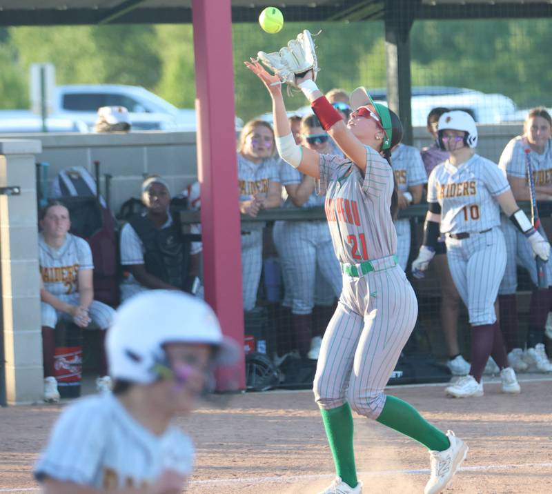 L-P's Anna Riva makes a catch for an out during the Class 3A Sectional semifinal game on Tuesday, May 26, 2026 at the L-P Athletic Complex in La Salle.