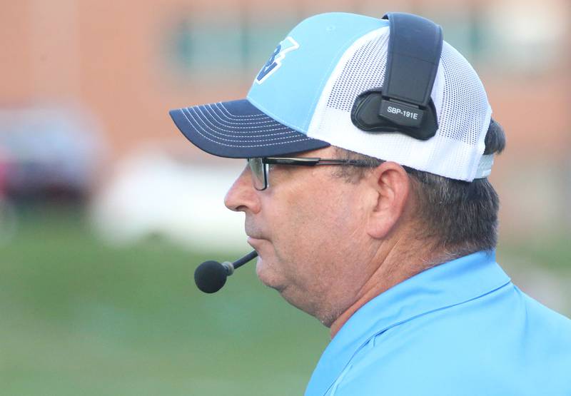Bureau Valley head football coach Pat Elder watches his team play St. Bede from the sidelines on Friday Aug. 29, 2025 at St. Bede Academy.