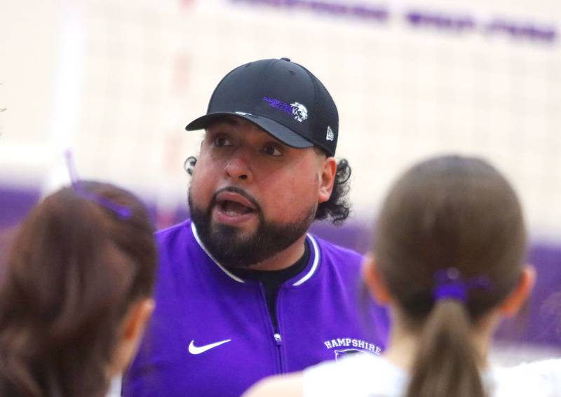 Hampshire’s Head Coach Omar Cortez leads the Whip-Purs against Libertyville in an IHSA volleyball Class 4A Sectional Championship at Hampshire High School in Hampshire on Thursday, November 6, 2025.