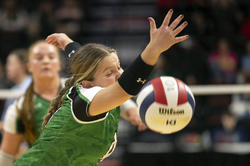 Rock Falls’ Sophia Moeller has a hard shot slip by her against Breese Mater Dei in the 2A state semifinal Friday, Nov. 10, 2023 at CEFCU Arena in Normal.