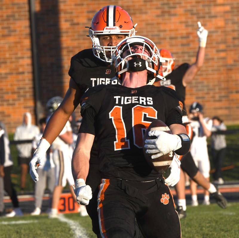 Byron's Andrew Talbert (16) celebrates after intercepting a fourth quarter pass against Elmhurst IC Catholic during a 3A quarterfinal game at Byron High School on Saturday, Nov. 15, 2025.