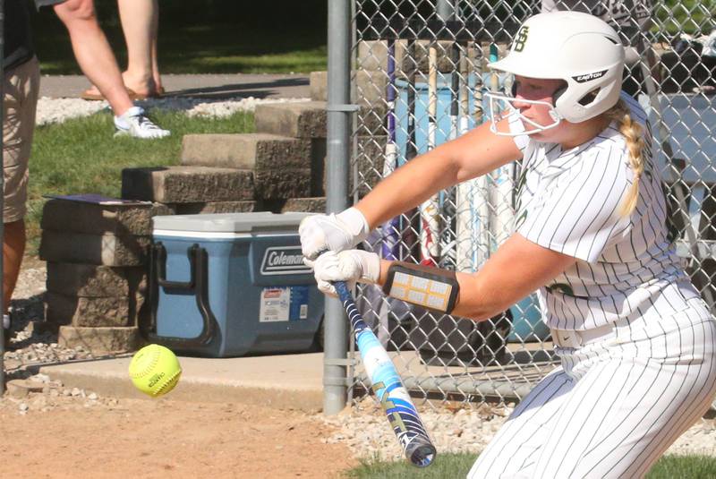St. Bede's Reagan Stoudt lays down a bunt against Midwest Central during the Class 2A Regional final on Friday, May 17, 2024 at at Abbot Phillip Davy Field.