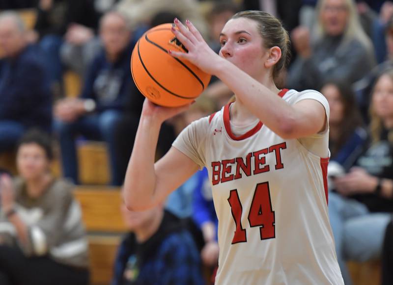 Benet’s Lucy Tierney shoots for three points during the Class 4A Benet Regional final against Oswego East on February 19, 2026 at Benet Academy in Lisle.