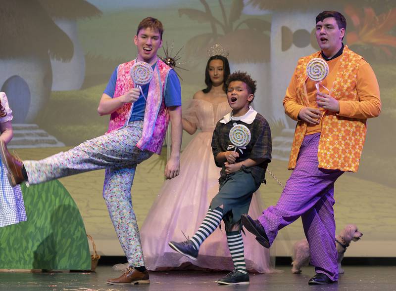 Members of the Lollipop Guild rehearse a scene Wednesday, April 9, 2025, for Newman High School’s rendition of “The Wizard of Oz.”