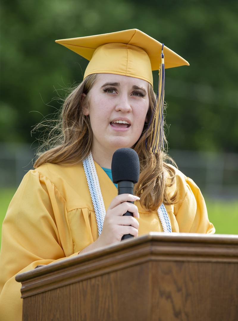 Marquette Academy Class of 2022 Valedictorian Kaitlyn Magoonaugh addresses graduation ceremony attendees Sunday, May 29, 2022, at Gould Stadium.