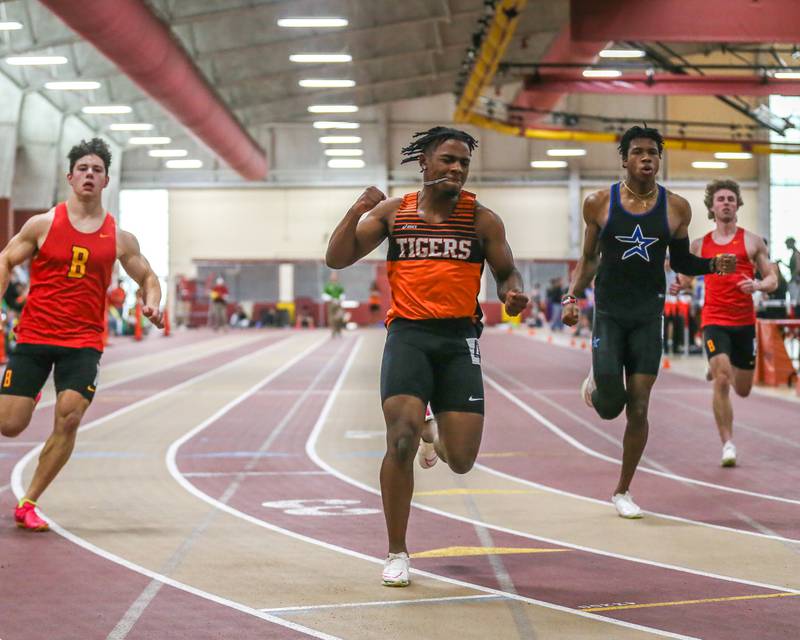St Charles East's Greyson Ellensohn finishes first in the 1600 Meters during DuKane Boys Indoor Track and Field Conference Championships. Mar 16, 20