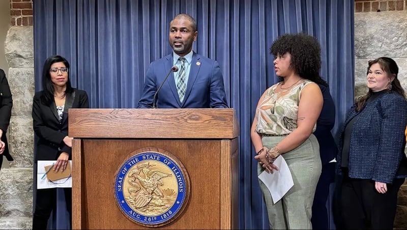Rep. LaShawn Ford, D-Chicago, speaks at a news conference in Springfield