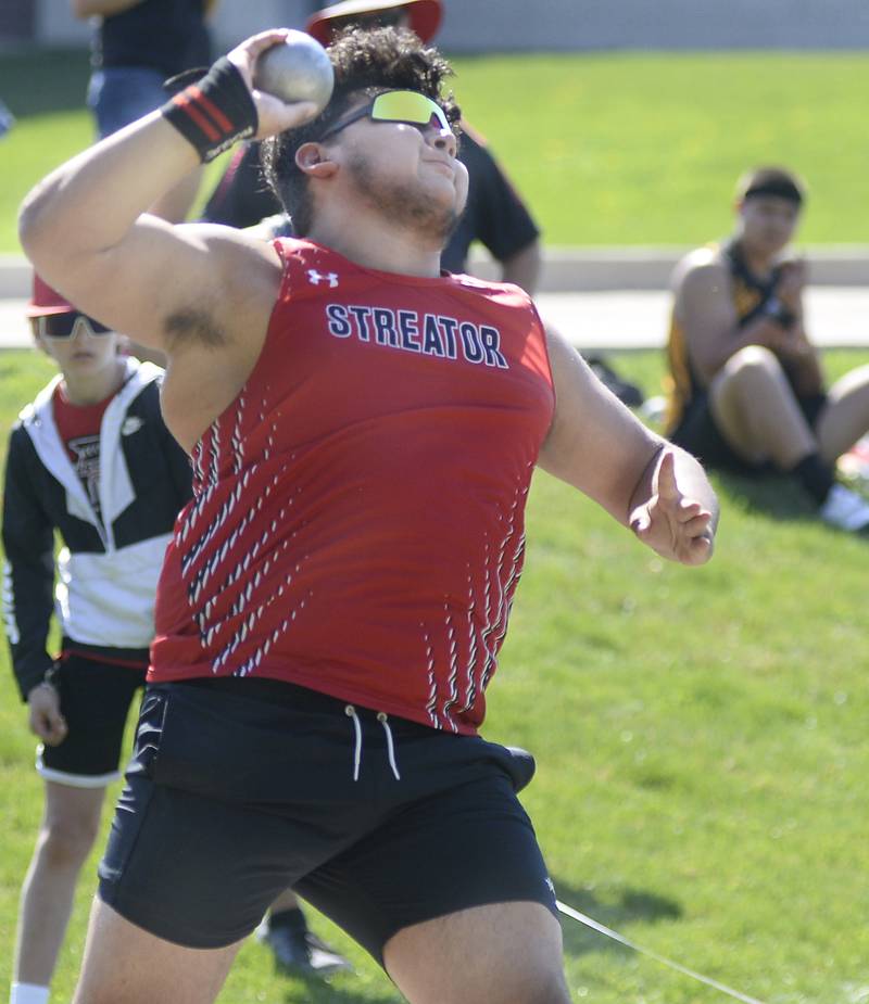 Streator’s  Manuel Nieto competes in the shot put during the Rollie Morris Invite on Saturday, April 15, 2023 at Hall High School.