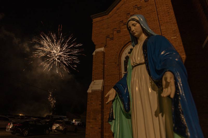 Fireworks display near “Mary, mother of Jesus” statue on Saturday, July 5, 2025 on Division Street in Utica.
